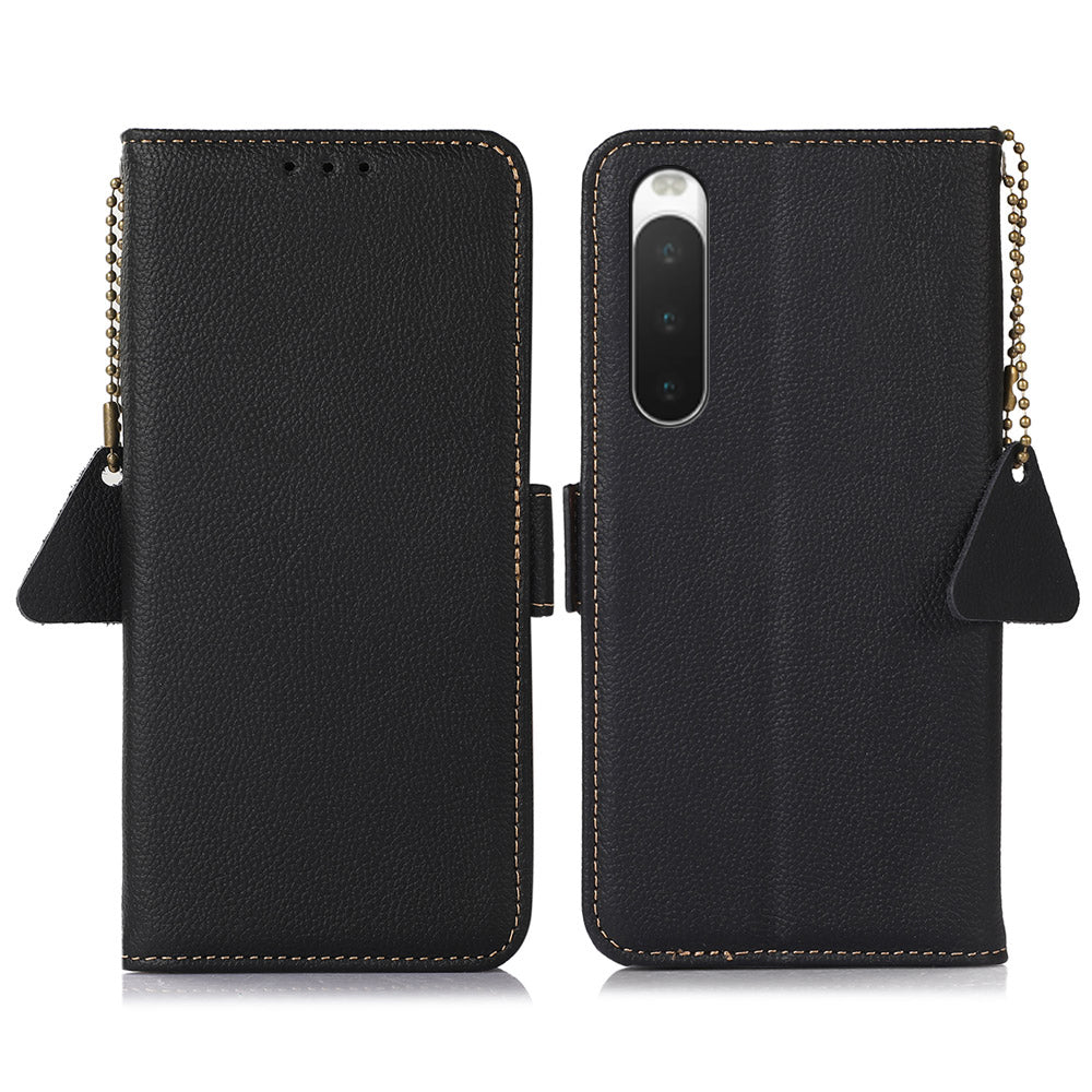 TJ Series For Sony Xperia 10 IV 5G Genuine Leather Wallet Cover RFID Blocking Phone Case with Foldable Stand