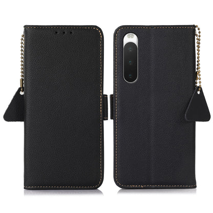 TJ Series For Sony Xperia 10 IV 5G Genuine Leather Wallet Cover RFID Blocking Phone Case with Foldable Stand