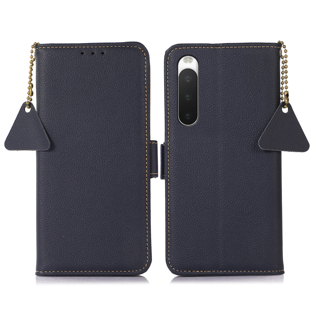 TJ Series For Sony Xperia 10 IV 5G Genuine Leather Wallet Cover RFID Blocking Phone Case with Foldable Stand