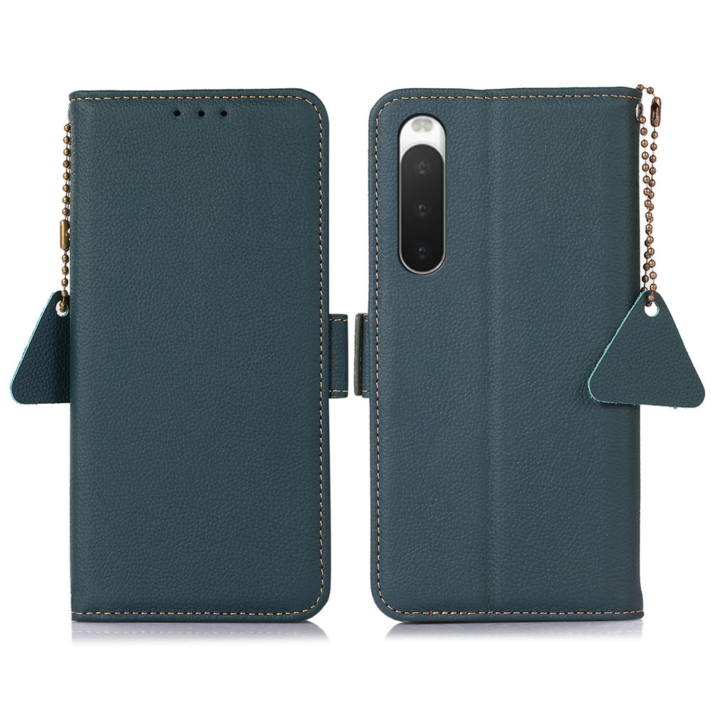 TJ Series For Sony Xperia 10 IV 5G Genuine Leather Wallet Cover RFID Blocking Phone Case with Foldable Stand