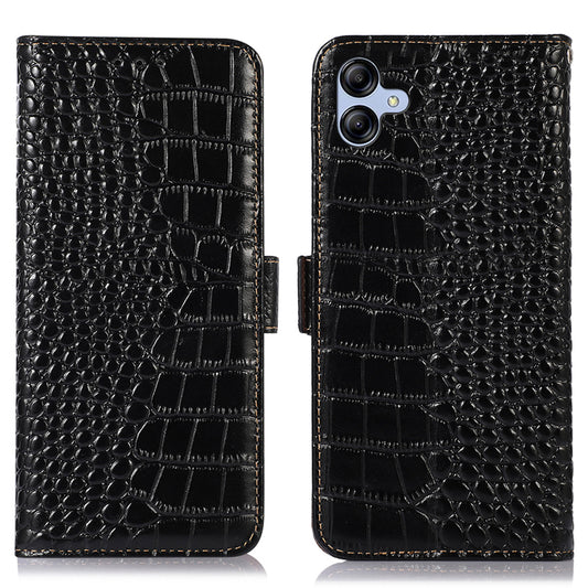 For Samsung Galaxy A04e 4G RFID Blocking Flip Phone Wallet Case Crocodile Texture Genuine Cowhide Leather Stand Drop-proof Phone Cover