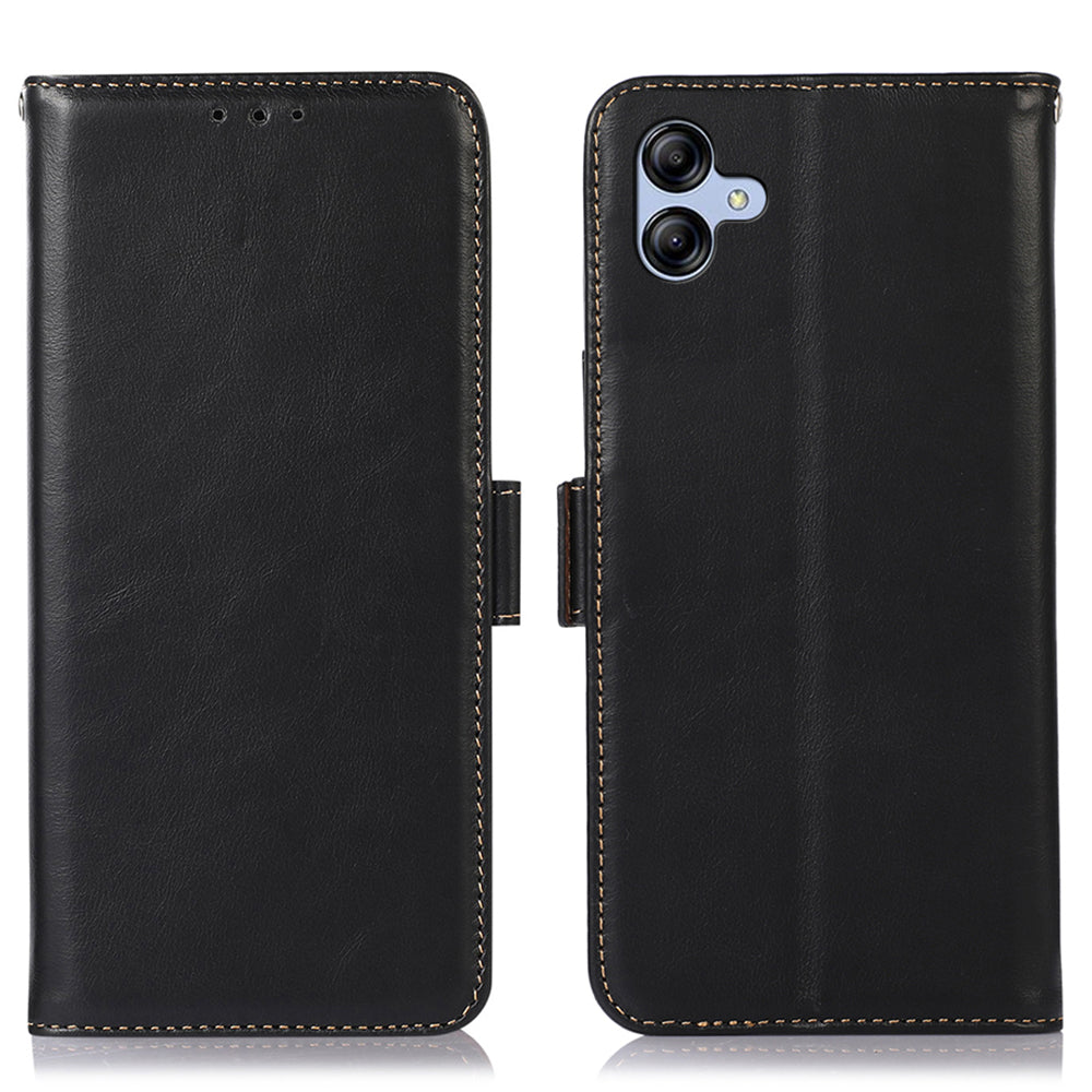 For Samsung Galaxy A04e 4G Crazy Horse Texture RFID Blocking Phone Case Genuine Cowhide Leather Stand Magnetic Cell Phone Flip Wallet Cover