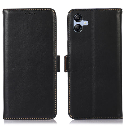 For Samsung Galaxy A04e 4G Crazy Horse Texture RFID Blocking Phone Case Genuine Cowhide Leather Stand Magnetic Cell Phone Flip Wallet Cover