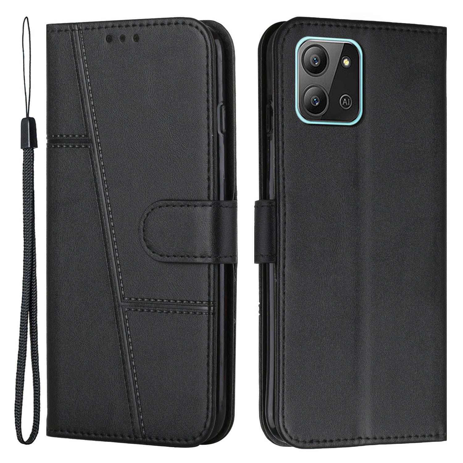 For Infinix Hot 11 2022 4G Foldable Stand Phone Cover Stitching Lines PU Leather + TPU Wallet Case with Strap