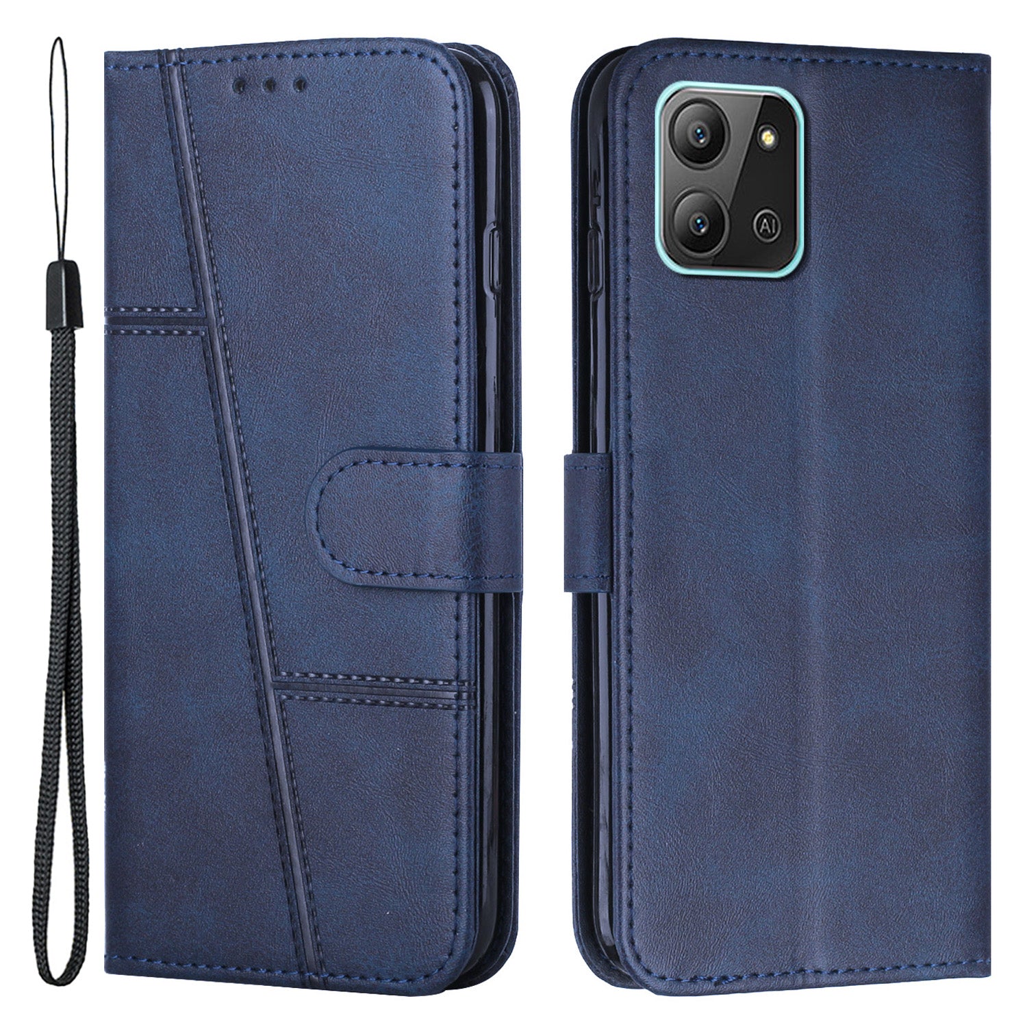 For Infinix Hot 11 2022 4G Foldable Stand Phone Cover Stitching Lines PU Leather + TPU Wallet Case with Strap
