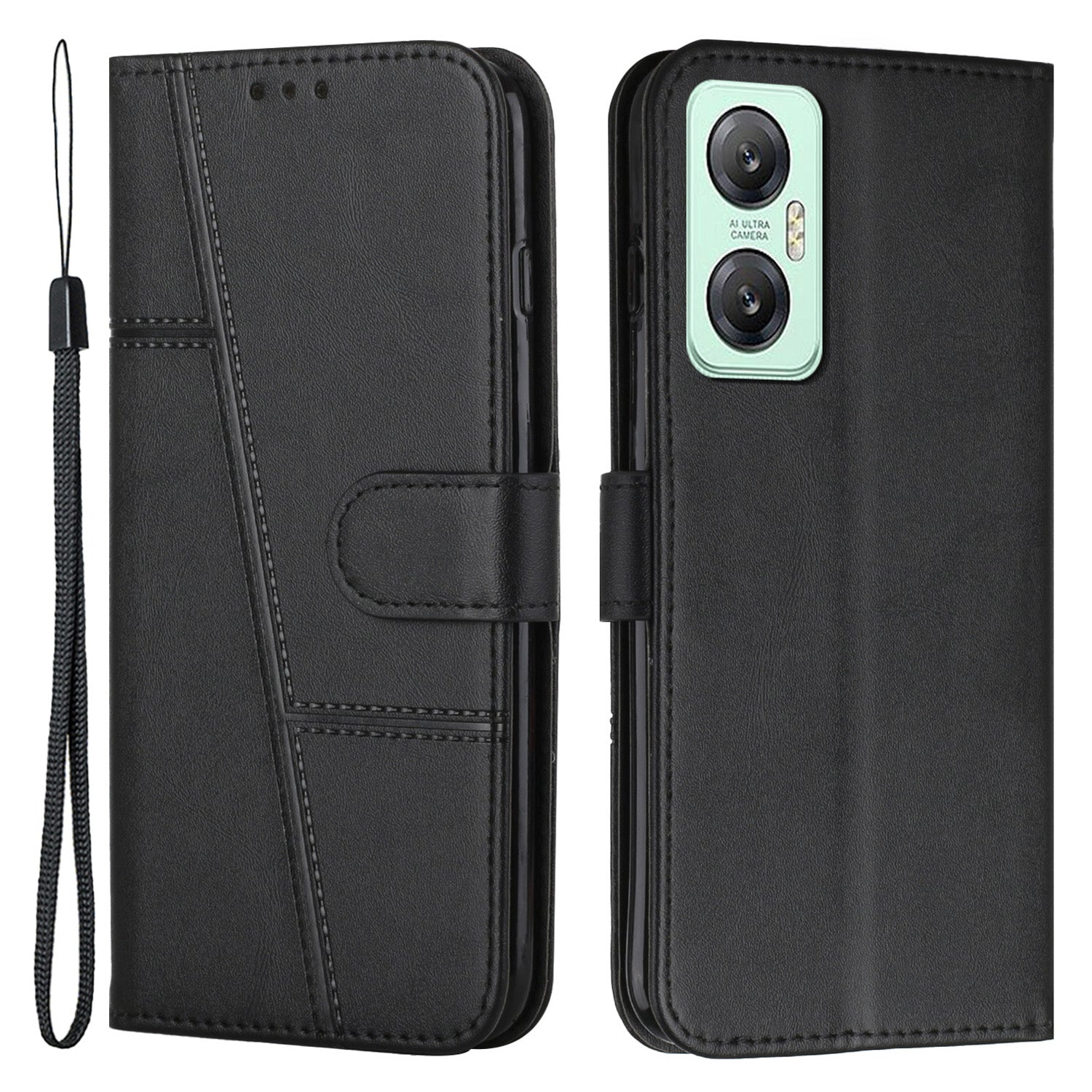 For Infinix Hot 20 5G PU Leather Stitching Lines Phone Stand Case Anti-scratch Wallet Folio Flip Phone Cover with Strap