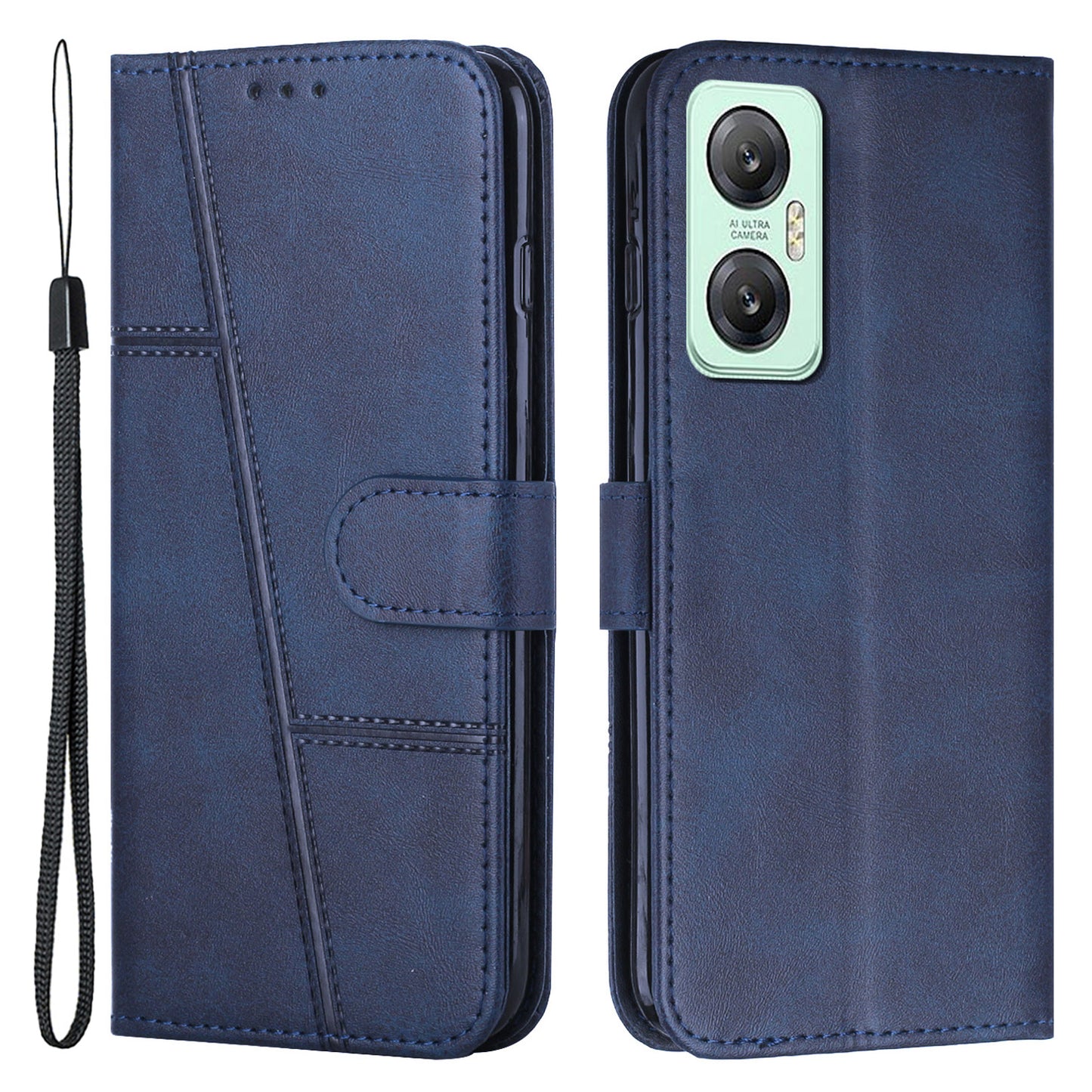 For Infinix Hot 20 5G PU Leather Stitching Lines Phone Stand Case Anti-scratch Wallet Folio Flip Phone Cover with Strap