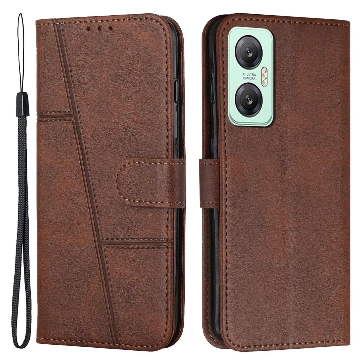 For Infinix Hot 20 5G PU Leather Stitching Lines Phone Stand Case Anti-scratch Wallet Folio Flip Phone Cover with Strap
