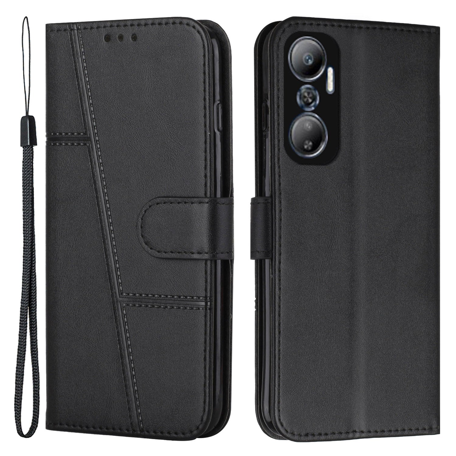 For Infinix Hot 20 4G Stand Wallet Stitching Lines Cell Phone Case PU Leather Magnetic Clasp Protective Cover with Strap