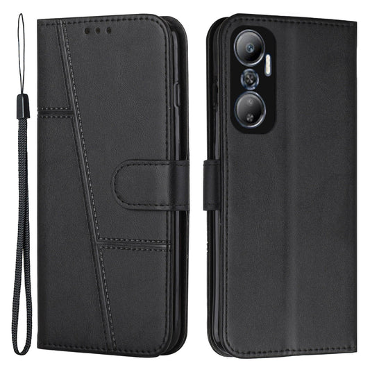 For Infinix Hot 20 4G Stand Wallet Stitching Lines Cell Phone Case PU Leather Magnetic Clasp Protective Cover with Strap