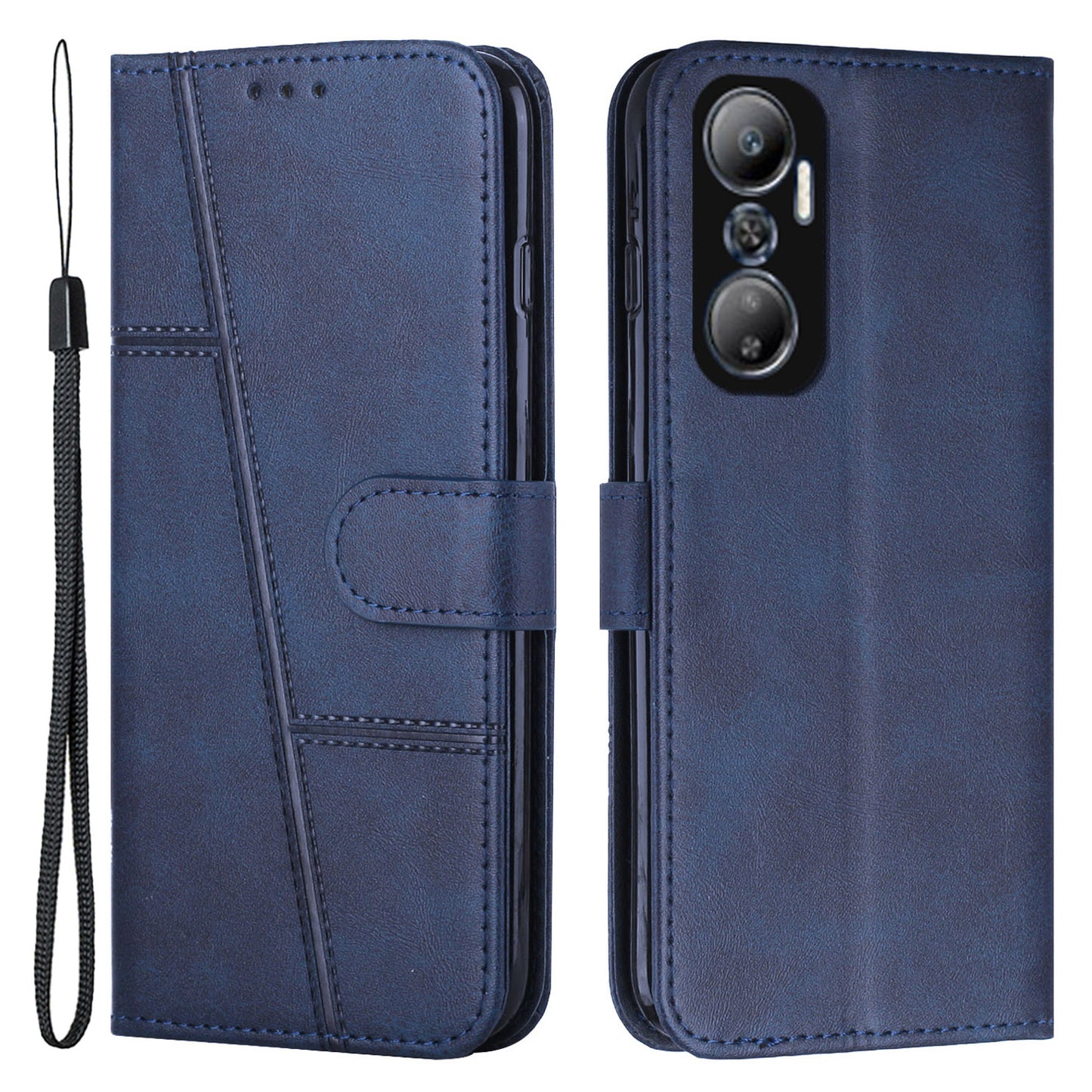 For Infinix Hot 20 4G Stand Wallet Stitching Lines Cell Phone Case PU Leather Magnetic Clasp Protective Cover with Strap