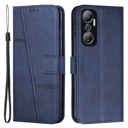 For Infinix Hot 20 4G Stand Wallet Stitching Lines Cell Phone Case PU Leather Magnetic Clasp Protective Cover with Strap
