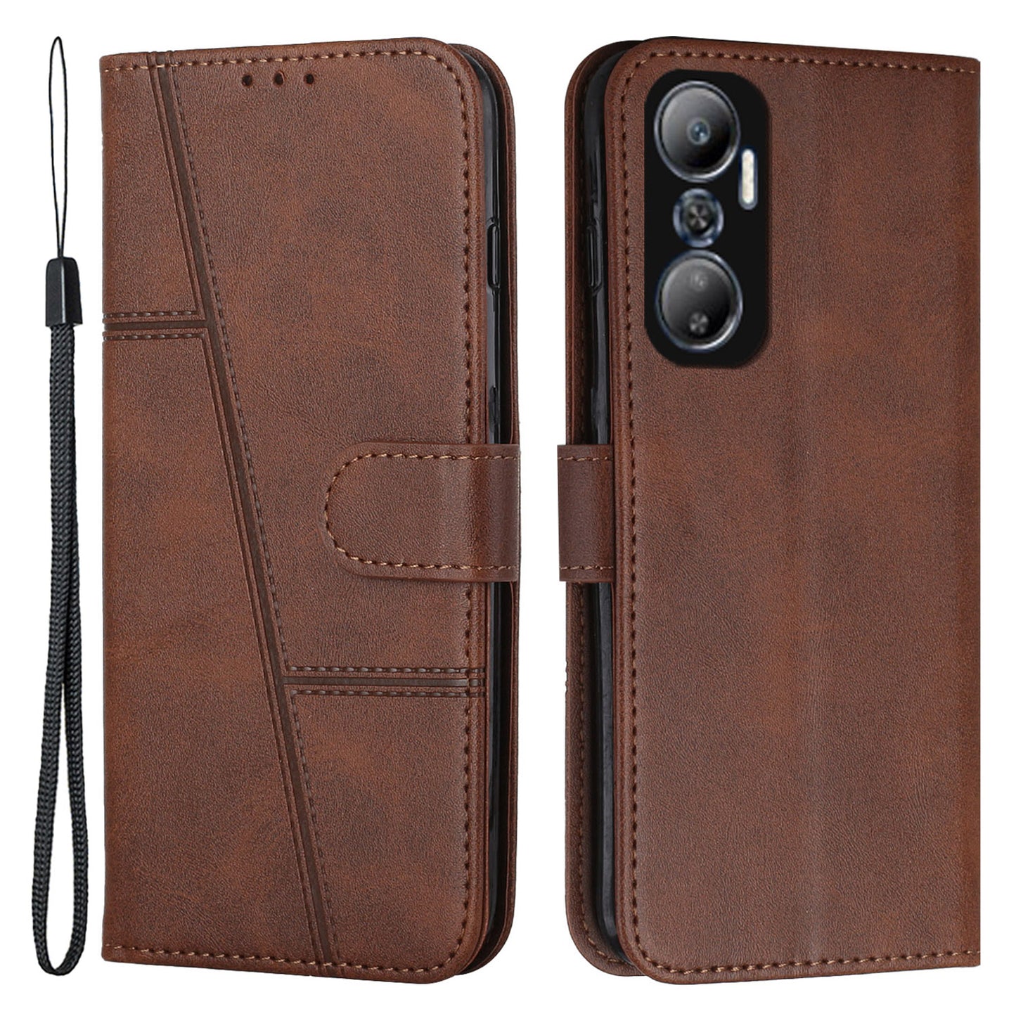 For Infinix Hot 20 4G Stand Wallet Stitching Lines Cell Phone Case PU Leather Magnetic Clasp Protective Cover with Strap