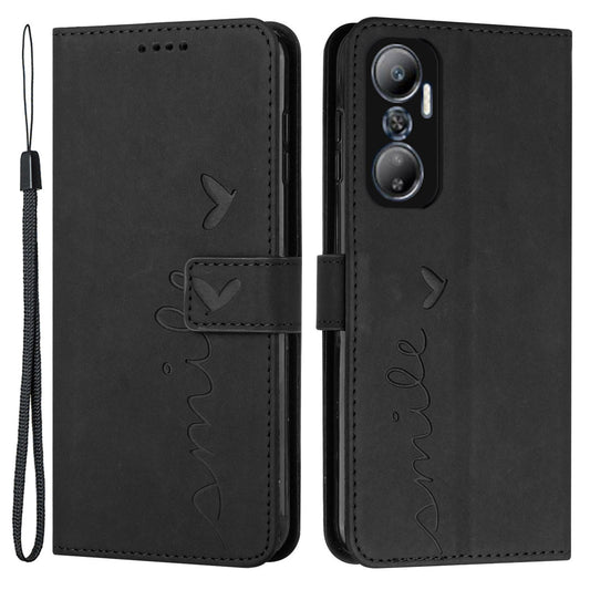 For Infinix Hot 20 4G Skin-touch PU Leather Wallet Case Stand Feature Imprinted Heart Shape Flip Magnetic Phone Cover with Strap