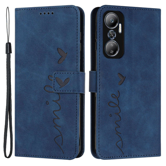 For Infinix Hot 20 4G Skin-touch PU Leather Wallet Case Stand Feature Imprinted Heart Shape Flip Magnetic Phone Cover with Strap