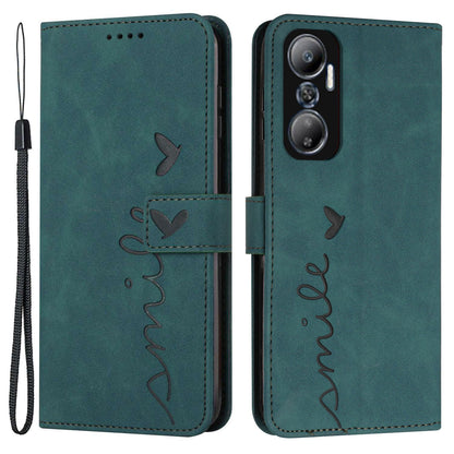 For Infinix Hot 20 4G Skin-touch PU Leather Wallet Case Stand Feature Imprinted Heart Shape Flip Magnetic Phone Cover with Strap