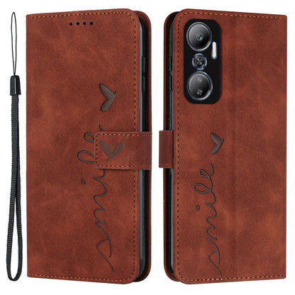 For Infinix Hot 20 4G Skin-touch PU Leather Wallet Case Stand Feature Imprinted Heart Shape Flip Magnetic Phone Cover with Strap