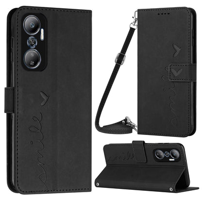 For Infinix Hot 20 4G Imprinted Heart Shape  Skin-touch Wallet Case PU Leather Stand Flip Magnetic Closure Phone Cover with Shoulder Strap