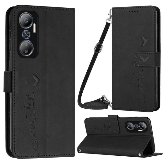 For Infinix Hot 20 4G Imprinted Heart Shape  Skin-touch Wallet Case PU Leather Stand Flip Magnetic Closure Phone Cover with Shoulder Strap
