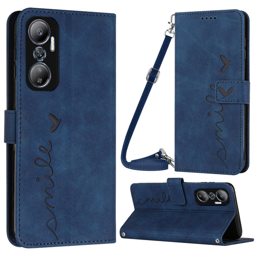 For Infinix Hot 20 4G Imprinted Heart Shape  Skin-touch Wallet Case PU Leather Stand Flip Magnetic Closure Phone Cover with Shoulder Strap