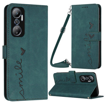 For Infinix Hot 20 4G Imprinted Heart Shape  Skin-touch Wallet Case PU Leather Stand Flip Magnetic Closure Phone Cover with Shoulder Strap