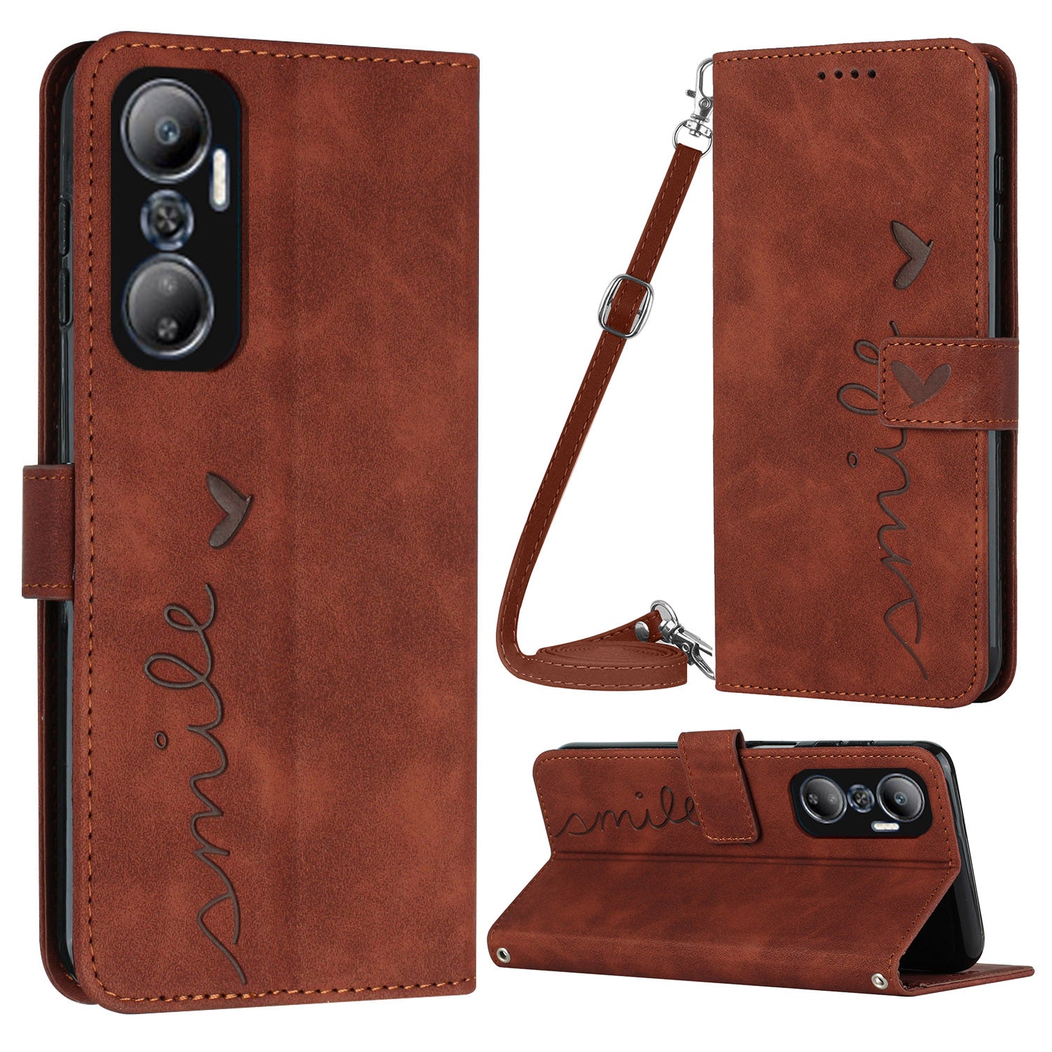 For Infinix Hot 20 4G Imprinted Heart Shape  Skin-touch Wallet Case PU Leather Stand Flip Magnetic Closure Phone Cover with Shoulder Strap