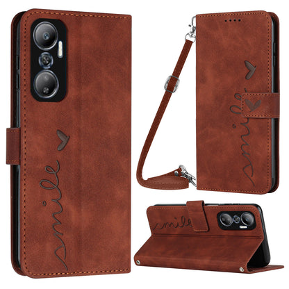 For Infinix Hot 20 4G Imprinted Heart Shape  Skin-touch Wallet Case PU Leather Stand Flip Magnetic Closure Phone Cover with Shoulder Strap