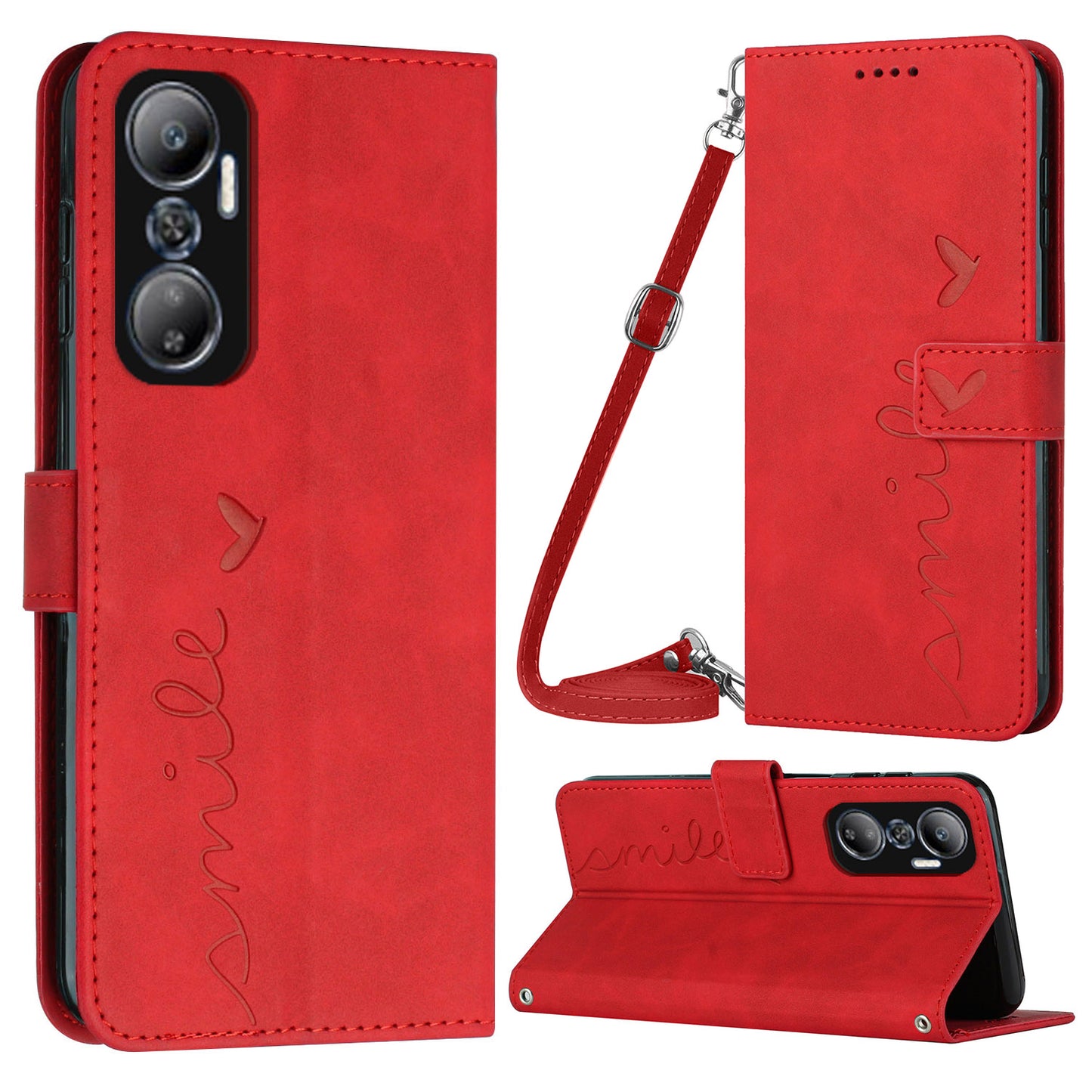 For Infinix Hot 20 4G Imprinted Heart Shape  Skin-touch Wallet Case PU Leather Stand Flip Magnetic Closure Phone Cover with Shoulder Strap