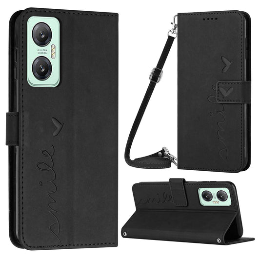 For Infinix Hot 20 5G Skin-touch PU Leather Magnetic Flip Cover Imprinted Heart Shape Wallet Stand Protective Phone Case with Shoulder Strap