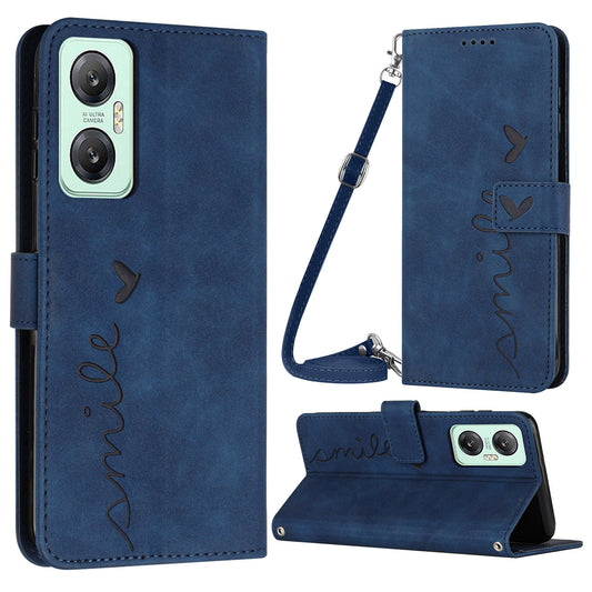 For Infinix Hot 20 5G Skin-touch PU Leather Magnetic Flip Cover Imprinted Heart Shape Wallet Stand Protective Phone Case with Shoulder Strap