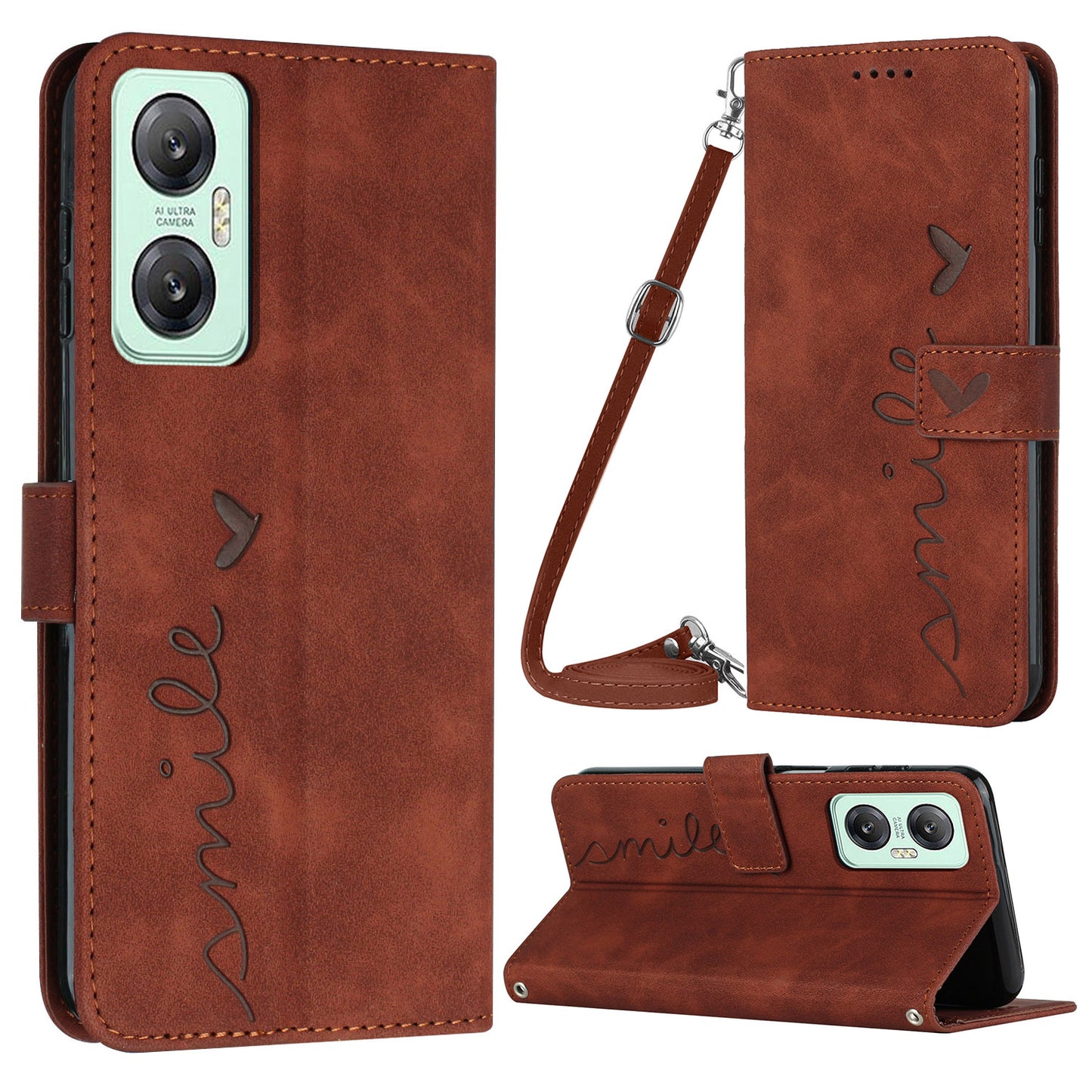 For Infinix Hot 20 5G Skin-touch PU Leather Magnetic Flip Cover Imprinted Heart Shape Wallet Stand Protective Phone Case with Shoulder Strap
