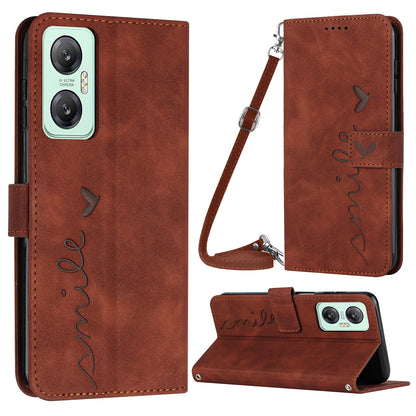 For Infinix Hot 20 5G Skin-touch PU Leather Magnetic Flip Cover Imprinted Heart Shape Wallet Stand Protective Phone Case with Shoulder Strap