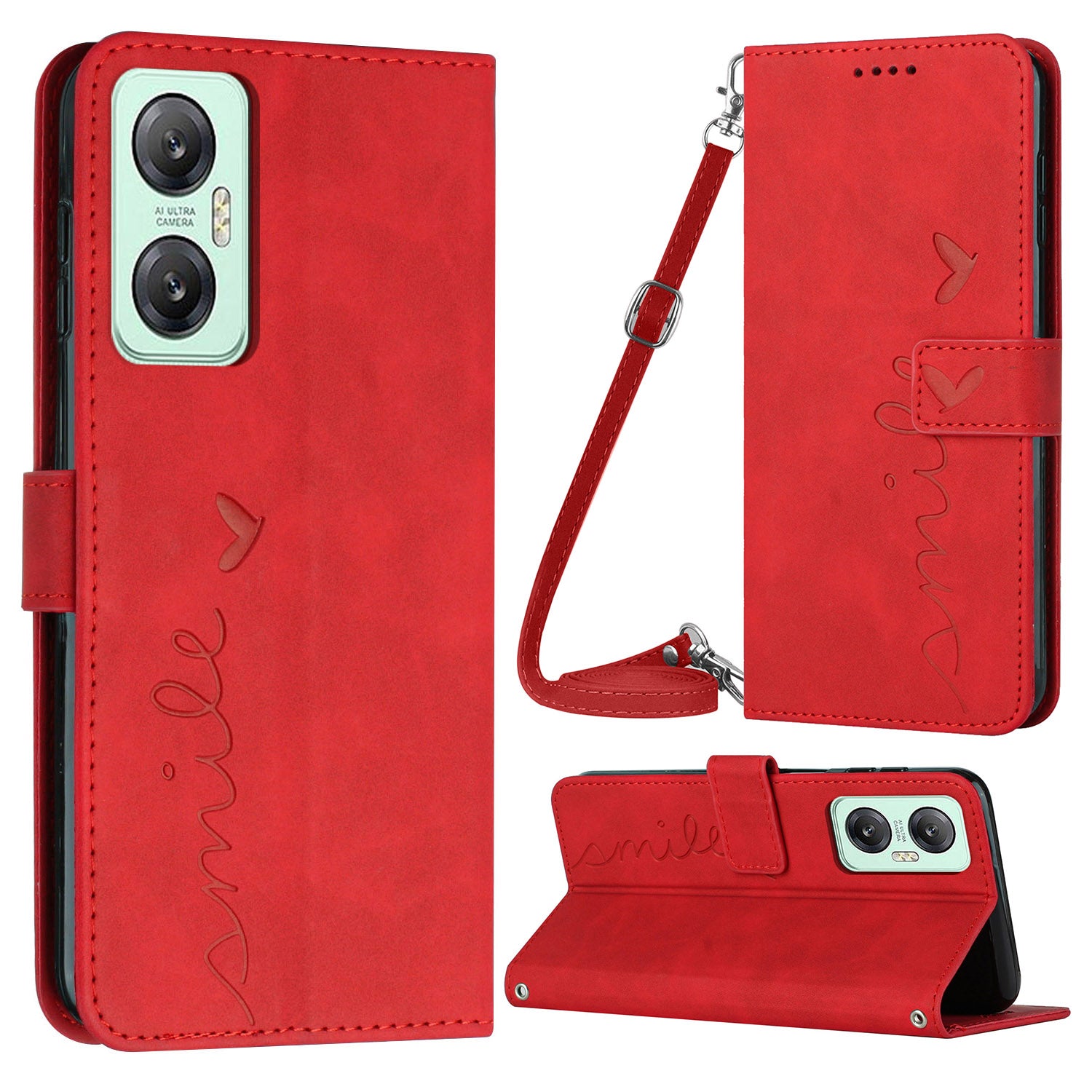 For Infinix Hot 20 5G Skin-touch PU Leather Magnetic Flip Cover Imprinted Heart Shape Wallet Stand Protective Phone Case with Shoulder Strap