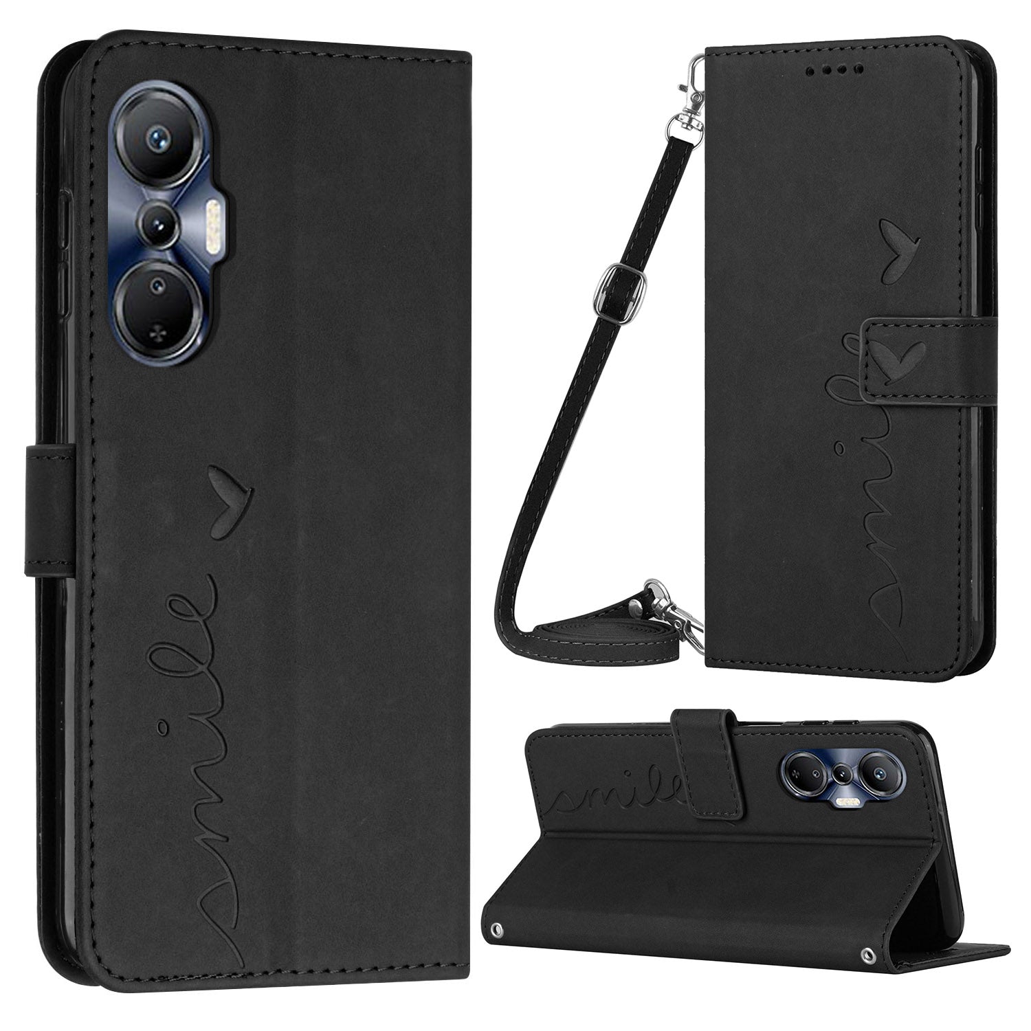 For Infinix Hot 20S 4G PU Leather Magnetic Phone Case Skin-touch Feeling Heart Shape Imprinted Wallet Stand Flip Cover with Shoulder Strap