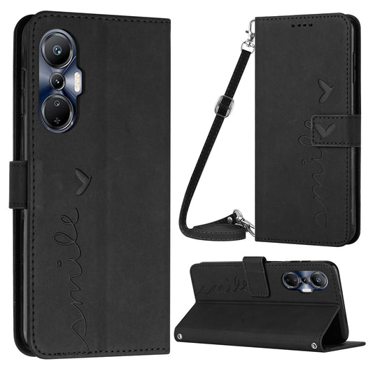 For Infinix Hot 20S 4G PU Leather Magnetic Phone Case Skin-touch Feeling Heart Shape Imprinted Wallet Stand Flip Cover with Shoulder Strap
