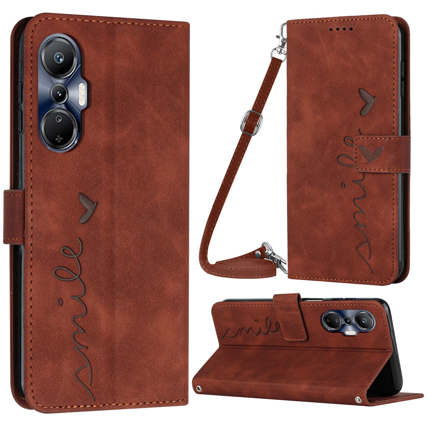 For Infinix Hot 20S 4G PU Leather Magnetic Phone Case Skin-touch Feeling Heart Shape Imprinted Wallet Stand Flip Cover with Shoulder Strap