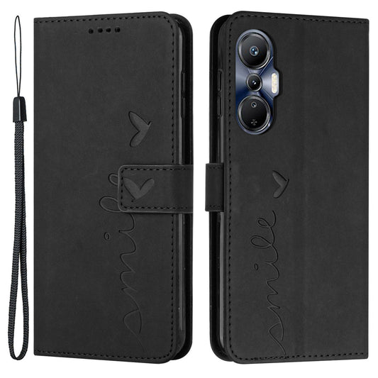 For Infinix Hot 20S 4G Imprinted Heart Shape PU Leather Case Skin-touch Feeling Stand Wallet Shockproof Phone Cover with Strap