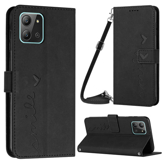 For Infinix Hot 11 2022 4G Skin-touch PU Leather Flip Folio Phone Case Imprinted Heart Shape Stand Wallet Magnetic Closure Cover with Shoulder Strap