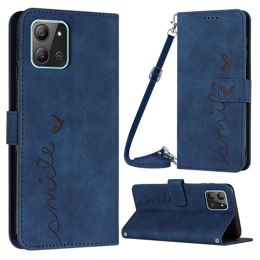 For Infinix Hot 11 2022 4G Skin-touch PU Leather Flip Folio Phone Case Imprinted Heart Shape Stand Wallet Magnetic Closure Cover with Shoulder Strap