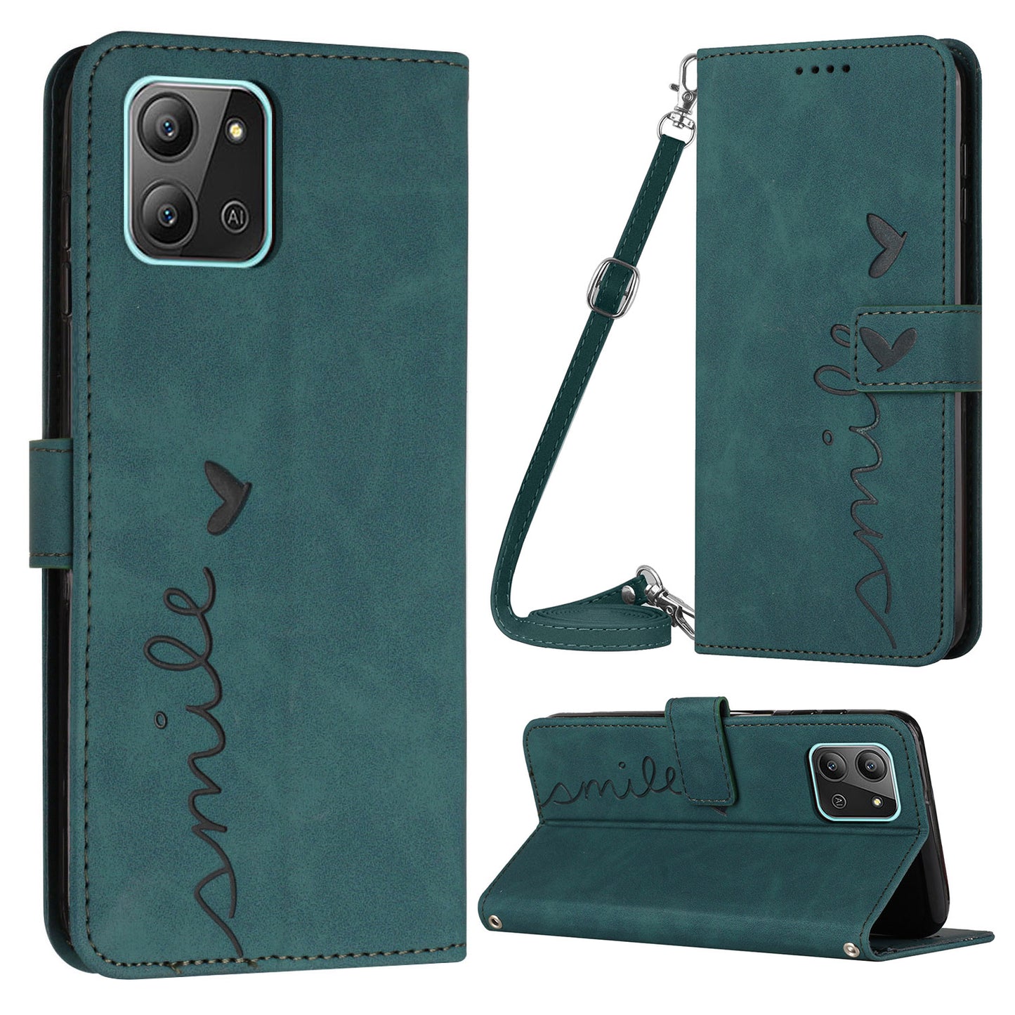 For Infinix Hot 11 2022 4G Skin-touch PU Leather Flip Folio Phone Case Imprinted Heart Shape Stand Wallet Magnetic Closure Cover with Shoulder Strap