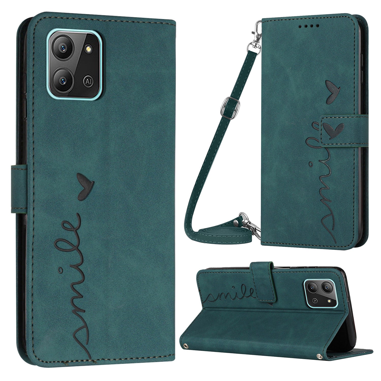 For Infinix Hot 11 2022 4G Skin-touch PU Leather Flip Folio Phone Case Imprinted Heart Shape Stand Wallet Magnetic Closure Cover with Shoulder Strap