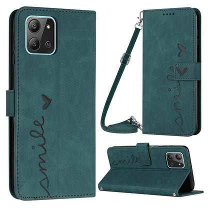 For Infinix Hot 11 2022 4G Skin-touch PU Leather Flip Folio Phone Case Imprinted Heart Shape Stand Wallet Magnetic Closure Cover with Shoulder Strap