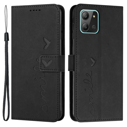 For Infinix Hot 11 2022 4G Anti-fall Protective Phone Flip Wallet Case Stand Imprinted Heart Shape Magnetic Skin-touch PU Leather Phone Cover with Strap