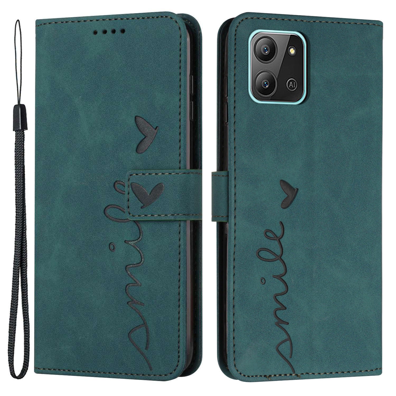 For Infinix Hot 11 2022 4G Anti-fall Protective Phone Flip Wallet Case Stand Imprinted Heart Shape Magnetic Skin-touch PU Leather Phone Cover with Strap