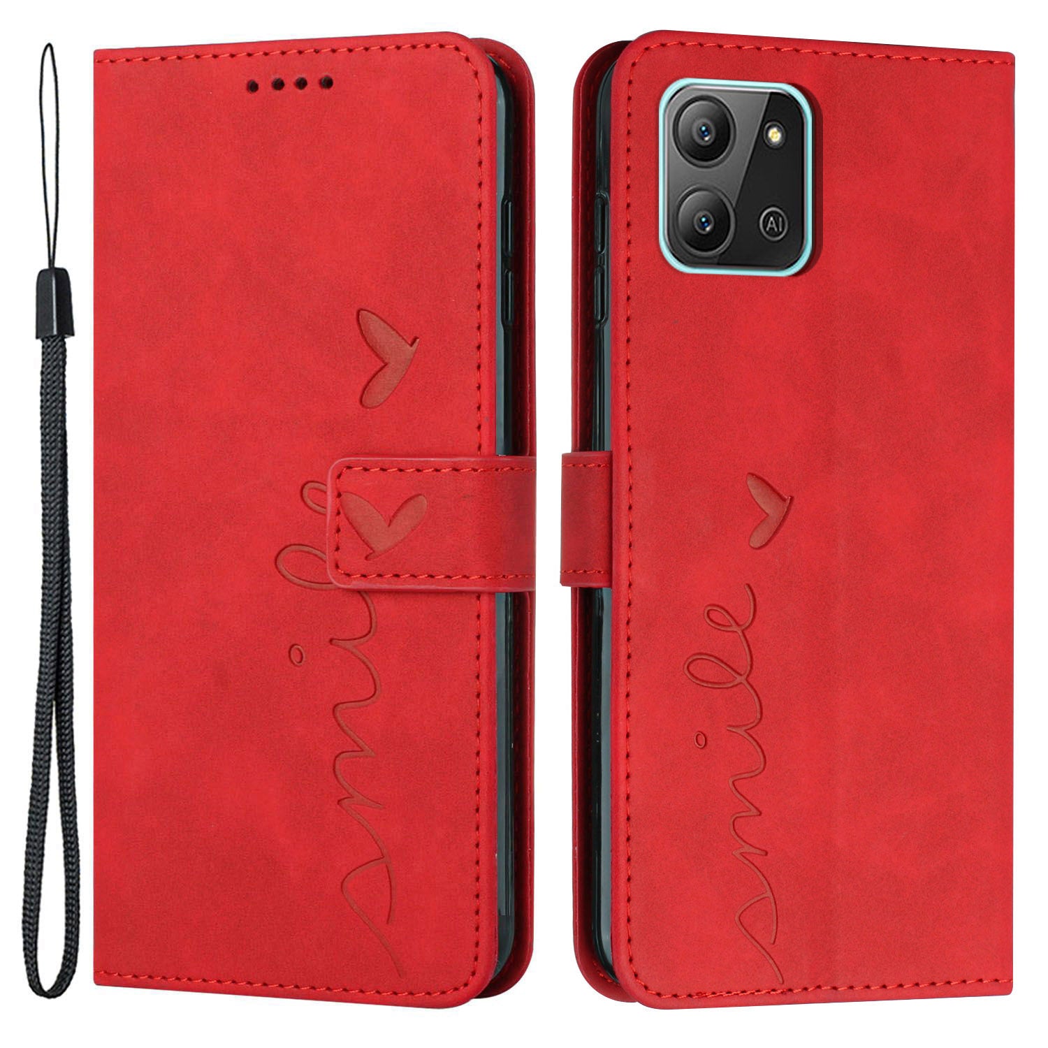 For Infinix Hot 11 2022 4G Anti-fall Protective Phone Flip Wallet Case Stand Imprinted Heart Shape Magnetic Skin-touch PU Leather Phone Cover with Strap