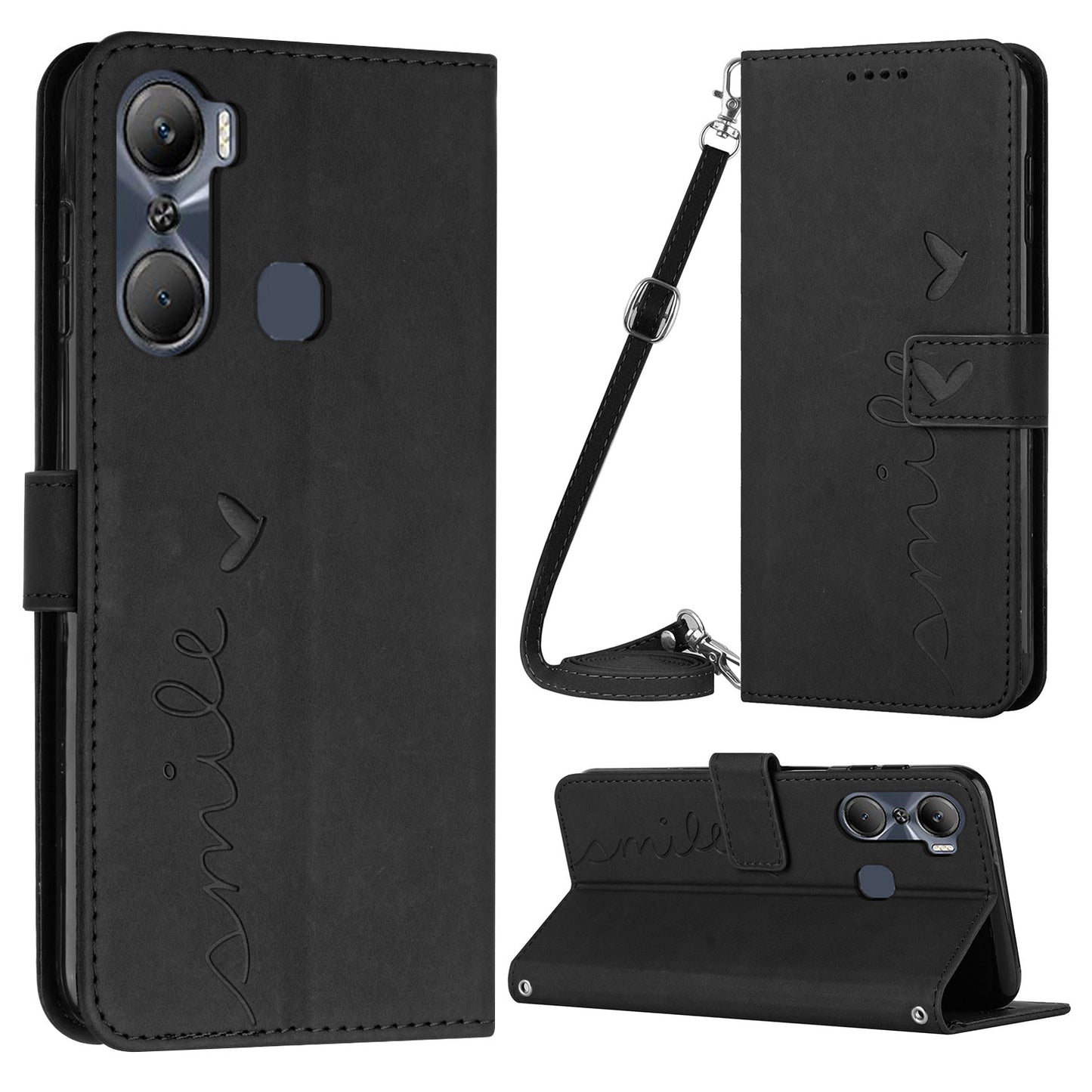 For Infinix Hot 12 Pro 4G Skin-touch Feeling PU Leather Case Imprinted Heart Shape Wallet Stand Shockproof Phone Cover with Shoulder Strap