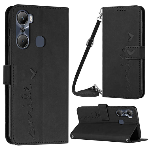 For Infinix Hot 12 Pro 4G Skin-touch Feeling PU Leather Case Imprinted Heart Shape Wallet Stand Shockproof Phone Cover with Shoulder Strap