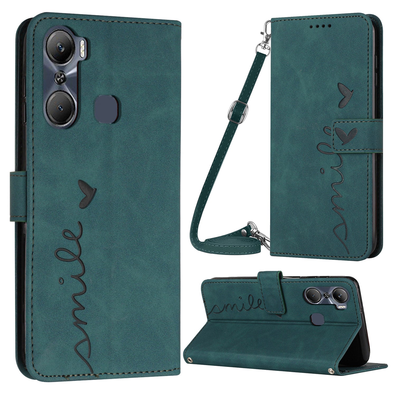 For Infinix Hot 12 Pro 4G Skin-touch Feeling PU Leather Case Imprinted Heart Shape Wallet Stand Shockproof Phone Cover with Shoulder Strap