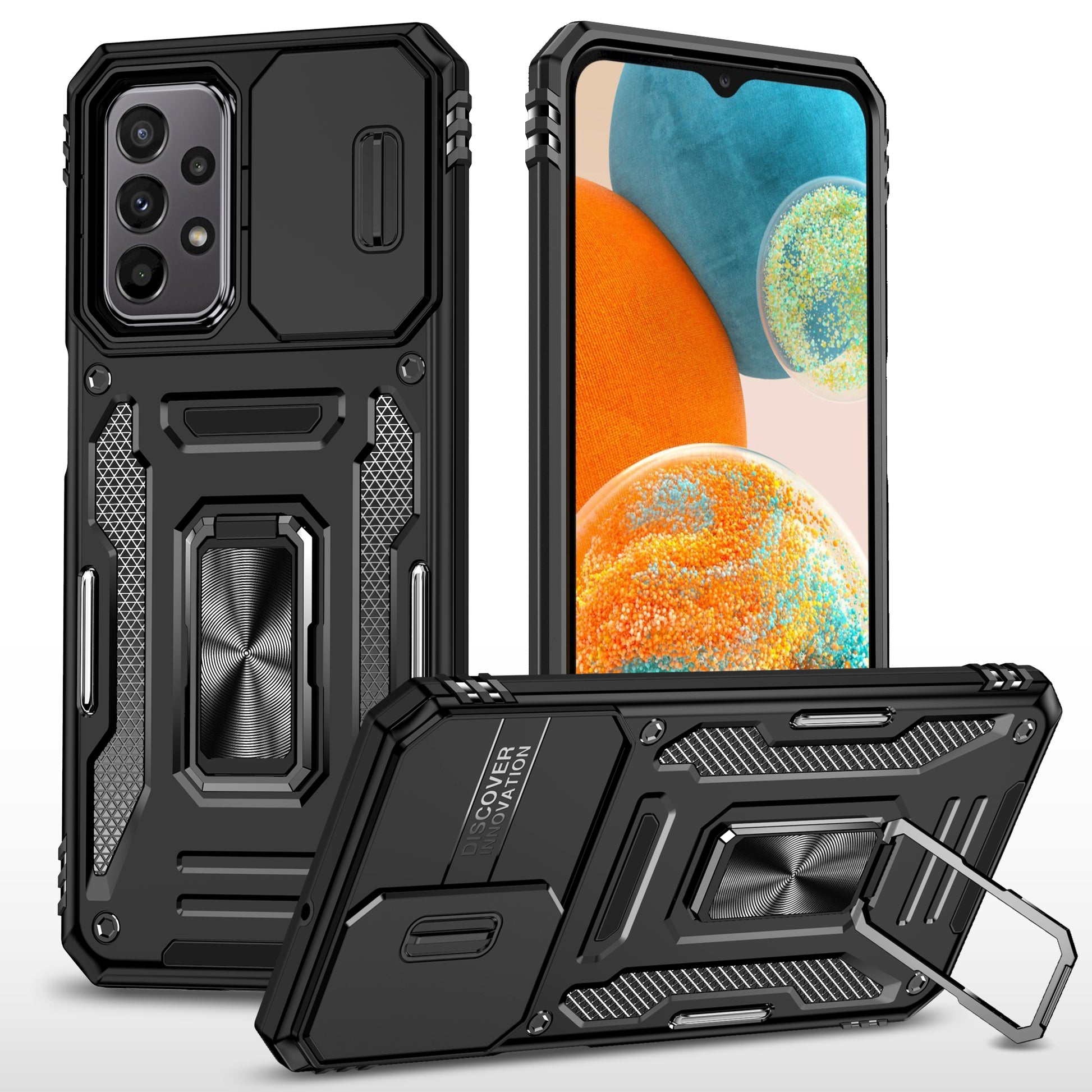 Armor Series for Samsung Galaxy A23 4G / 5G (Global Version) Kickstand Design Phone Case PC + TPU Protective Back Cover with Slide Camera Cover