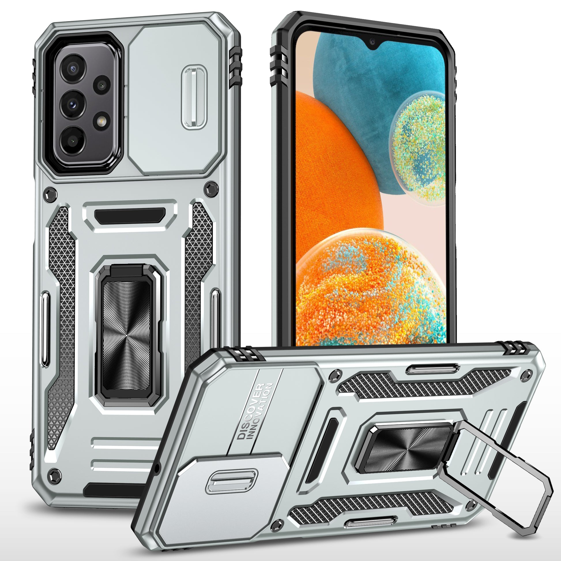 Armor Series for Samsung Galaxy A23 4G / 5G (Global Version) Kickstand Design Phone Case PC + TPU Protective Back Cover with Slide Camera Cover